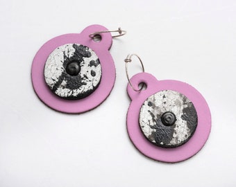 Round hand-painted leather earrings, Silver 925 hoops, Pink and white with a dash of black, Summery look, Cute gift for her