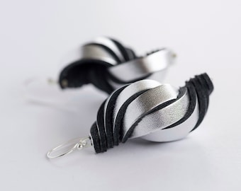Sophisticated leather earrings, Impressive 3D jewelry, Collectible fashion earrings, Metallic leather shell, Perfect design gift