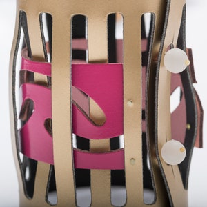 Wide leather wrist cuff, Gold & pink wrap bracelet, Impressive and bold, Contemporary gift for the design lover image 6