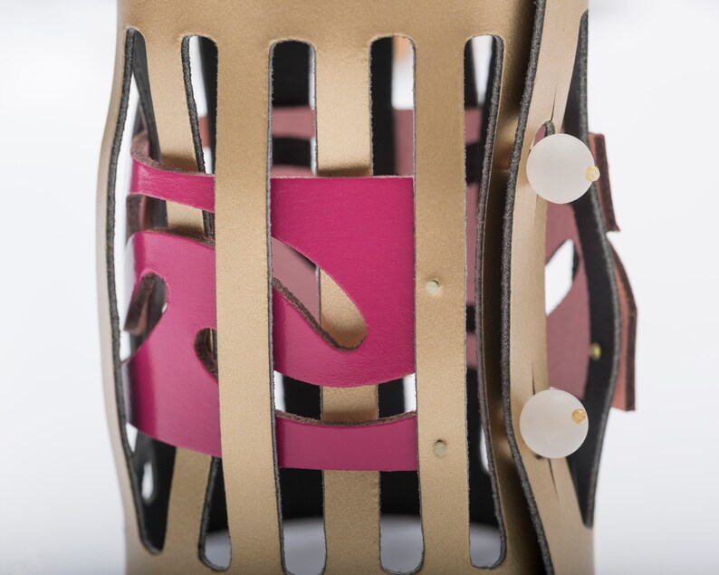 Wide leather wrist cuff, Gold & pink wrap bracelet, Impressive and bold, Contemporary gift for the design lover image 6