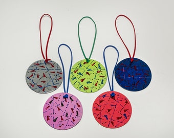 Circle leather Christmas ornaments, Hand painted flat balls, Contemporary festive gift, Unique Tree decorations, Colourful hanging set of 5