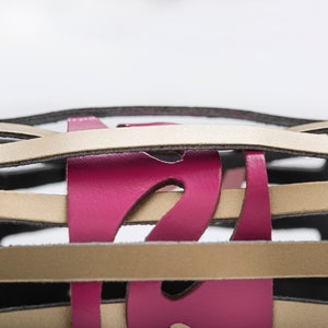 Wide leather wrist cuff, Gold & pink wrap bracelet, Impressive and bold, Contemporary gift for the design lover image 4