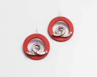 Orange round leather earrings with silver 925 hooks, Easy wear and lightweight, Design simplicity item, Affordable gift