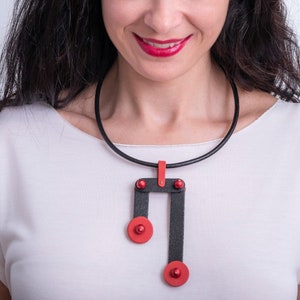 Contemporary leather necklace, Black & red, Notes inspired pendant, Architectural neckpiece, Extraordinary gift for Valentines image 1