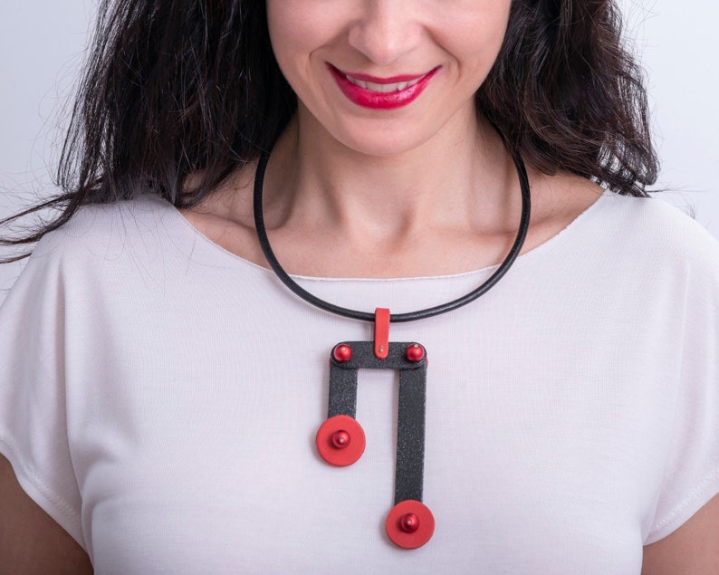 Contemporary leather necklace, Black & red, Notes inspired pendant, Architectural neckpiece, Extraordinary gift for Valentines image 1