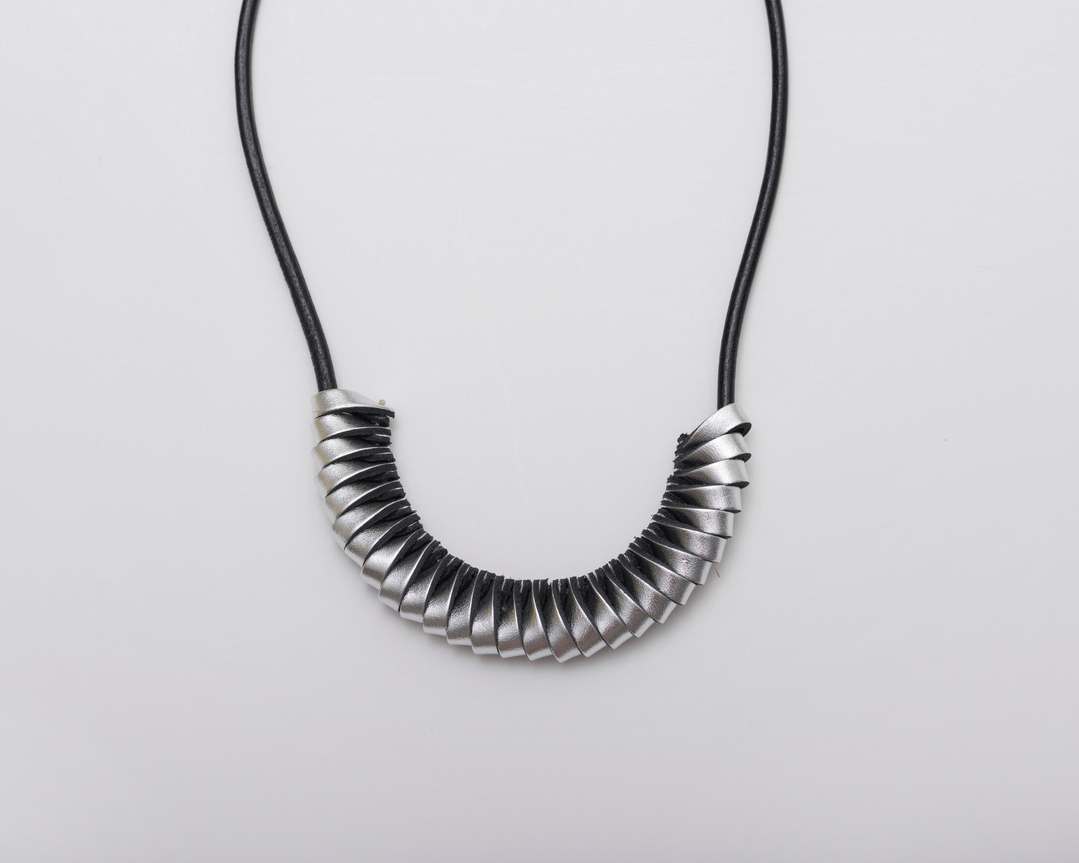 Sculptural Metallic Leather Necklace Shiny Silver With Black Etsy