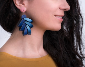 Extravagant blue leather earrings, Big statement earrings, Collectible earrings, Impressive leather jewelry, 3D jewelry, Leather pinecone