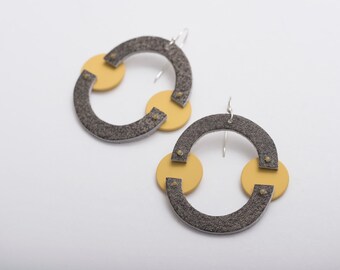 Fashion statement leather earrings, Gray & yellow, Oval shaped, Happy bright accessory, Spring look choice