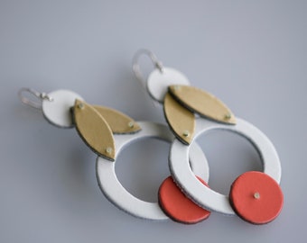 Spring boho leather earrings, Easy wear jewelry, Circles and leaves, White gold & orange, Pretty leather jewelry, Bridesmaid gift