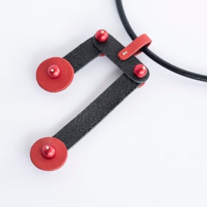 Contemporary leather necklace, Black & red, Notes inspired pendant, Architectural neckpiece, Extraordinary gift for Valentines image 3