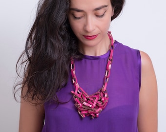 Striking fuchsia leather necklace, Handwoven leather pieces, Artful and extravagant, Perfect gift for color lovers