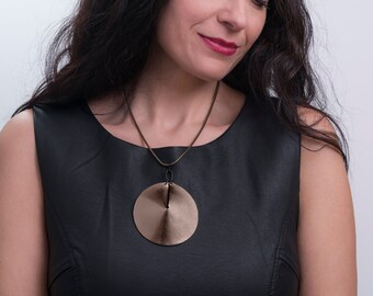 Bold geometric leather necklace, Grecian chic neckpiece, Big metallic cone pendant, Glam gift for her