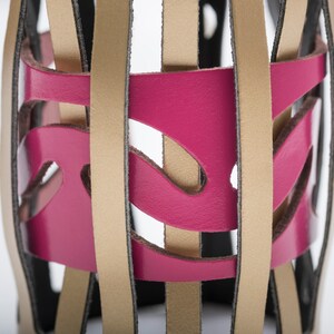 Wide leather wrist cuff, Gold & pink wrap bracelet, Impressive and bold, Contemporary gift for the design lover image 5