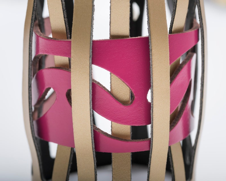 Wide leather wrist cuff, Gold & pink wrap bracelet, Impressive and bold, Contemporary gift for the design lover image 5