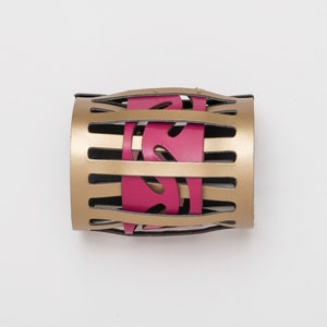 Wide leather wrist cuff, Gold & pink wrap bracelet, Impressive and bold, Contemporary gift for the design lover image 3