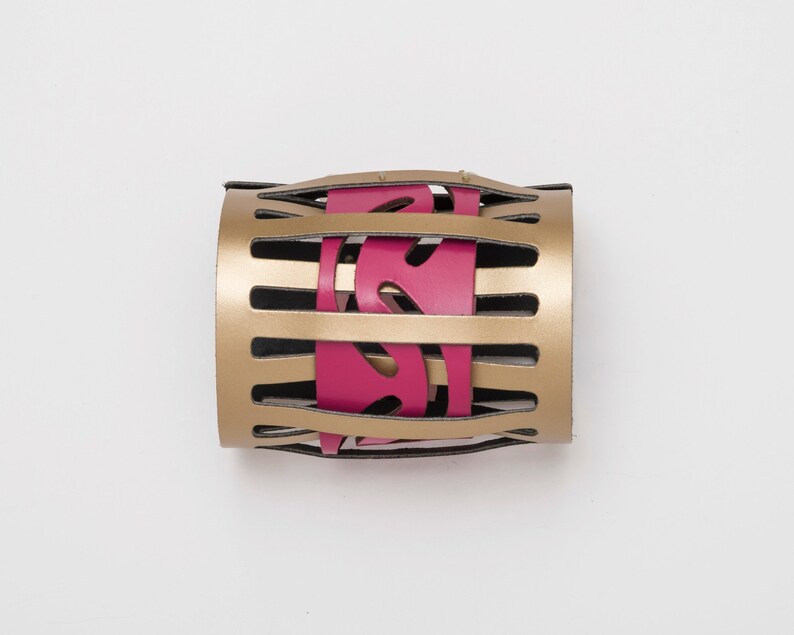Wide leather wrist cuff, Gold & pink wrap bracelet, Impressive and bold, Contemporary gift for the design lover image 3
