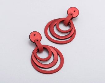 Statement red leather earrings, Matte and metallic red circles, Extravagant but light-weight, Stylish gift for her