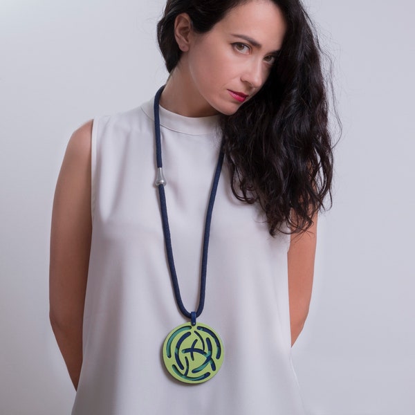 Big circle leather pendant, 3 layers of leather, Blue lime and mint green, Impressive jewelry for an extravagant outfit