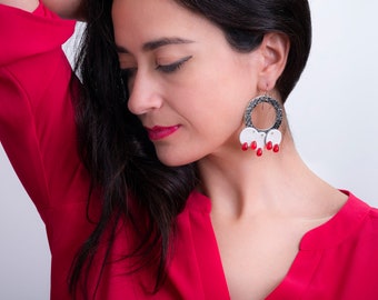 Sexy boho leather earrings, Crackled black and white leather with red glass beads, Limited edition item, Cute Valentine's gift