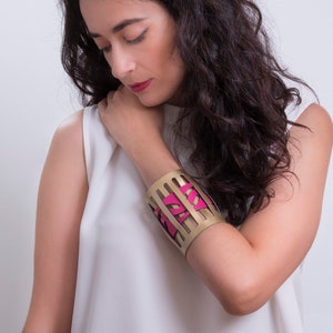 Wide leather wrist cuff, Gold & pink wrap bracelet, Impressive and bold, Contemporary gift for the design lover image 1