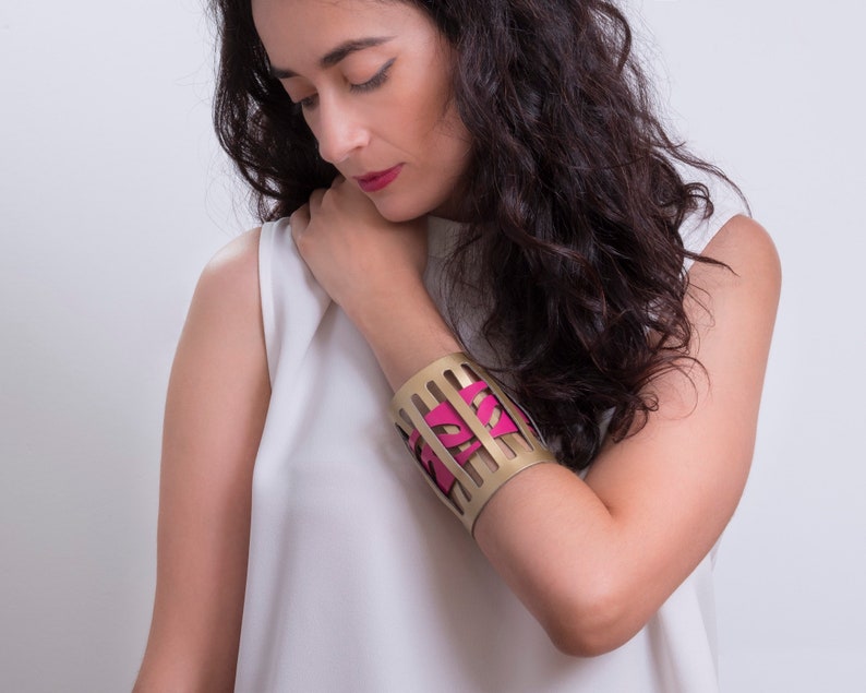 Wide leather wrist cuff, Gold & pink wrap bracelet, Impressive and bold, Contemporary gift for the design lover image 1