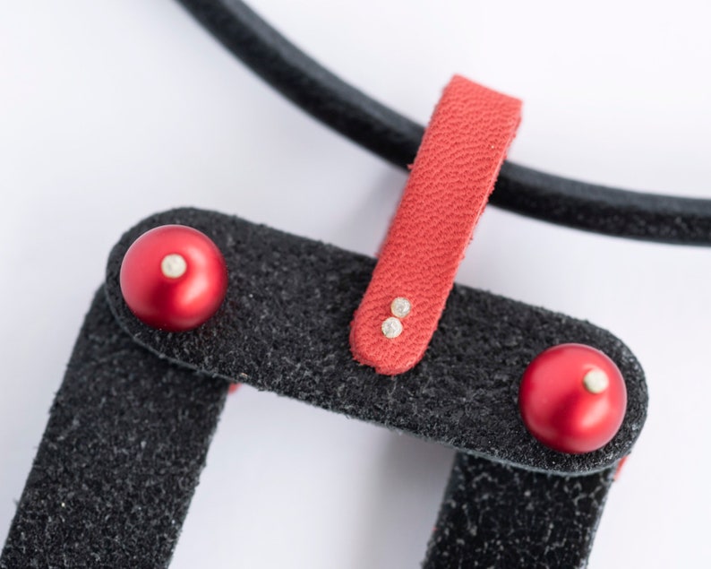 Contemporary leather necklace, Black & red, Notes inspired pendant, Architectural neckpiece, Extraordinary gift for Valentines image 7