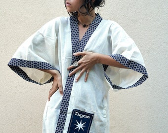 ART PRINT KIMONO /cotton linen kimono /white unisex kimono /100% natural textile /water ink print /handcrafted screen print /limited edition