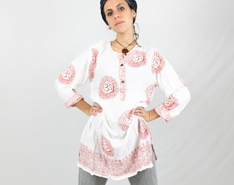 TUNIKAKLEID / rein weiße Kurti / lange Bluse / Hemdenkleid / traditionelle Kurta / Tunika heiliger Druck / Kokosnuss Knopfausschnitt