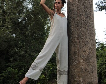 WHITE COTTON JUMPSUIT / long pants overalls / long jumpsuit / dungarees raw cotton block print / adjustable rompers with pockets