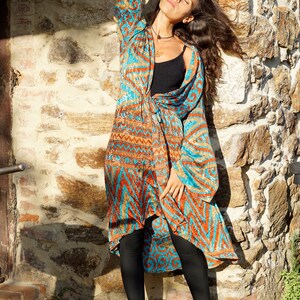 KIMONO DRESS / coulisse kimono / dressing gown / upcycled silk sari / shiny wrap dress / boho coverup / turquoise and terracotta image 4