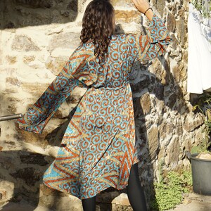 KIMONO DRESS / coulisse kimono / dressing gown / upcycled silk sari / shiny wrap dress / boho coverup / turquoise and terracotta image 3