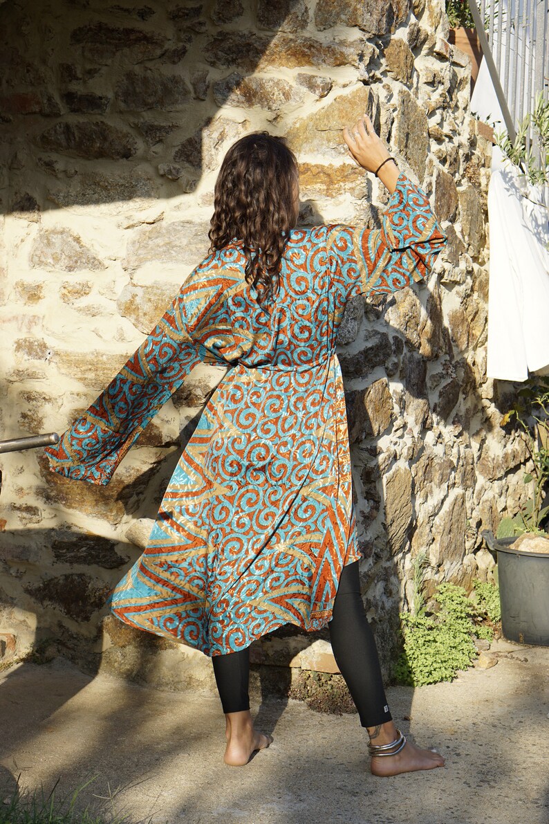 KIMONO DRESS / coulisse kimono / dressing gown / upcycled silk sari / shiny wrap dress / boho coverup / turquoise and terracotta image 3