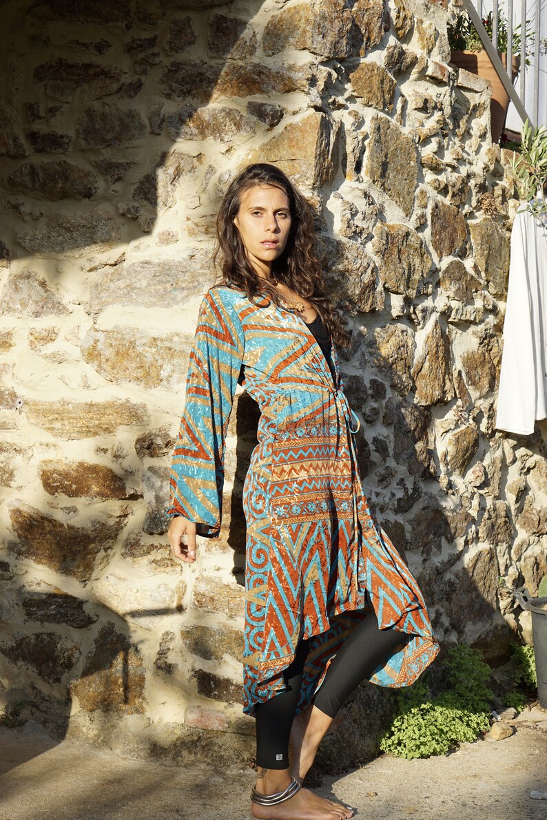 KIMONO DRESS / coulisse kimono / dressing gown / upcycled silk sari / shiny wrap dress / boho coverup / turquoise and terracotta image 7