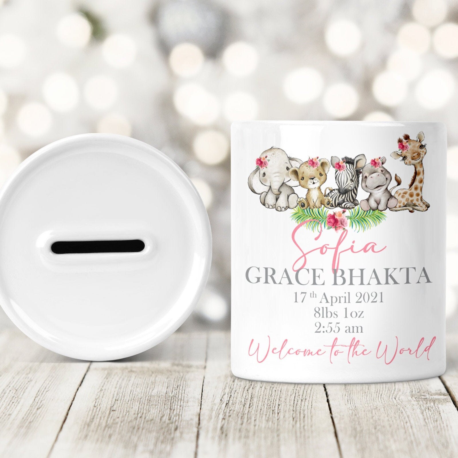 Personalised Baby Girl Money Box Christening Gift Safari Etsy