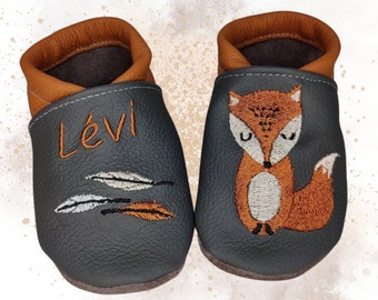 Lauflernschuhe,Krabbelschuhe mit Namen,Krabbelschuhe personalisiert,bestickt,Krabbelpuschen, Lederpuschen,Geschenk zur Geburt fuchs