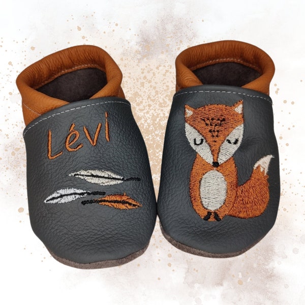 Lauflernschuhe,Krabbelschuhe mit Namen,Krabbelschuhe personalisiert,bestickt,Krabbelpuschen, Lederpuschen,Geschenk zur Geburt fuchs