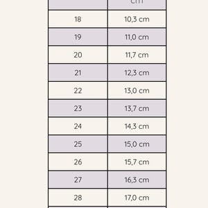May include: A size chart titled Gr&ouml;&szlig;entabelle &ndash; Krabbelschuhe with two columns labeled Schuhgr&ouml;&szlig;e and Fu&szlig;l&auml;nge in cm. The table lists shoe sizes from 18 to 30, corresponding to foot lengths ranging from 10.3 cm to 18.3 cm in 0.6 to 0.7 cm increments.