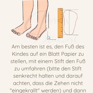 May include: An instructional graphic titled F&uuml;&szlig;e richtig messen showing how to measure feet. It features illustrations of feet being traced with a pencil and a foot outline being measured with a ruler, accompanied by German text instructions.