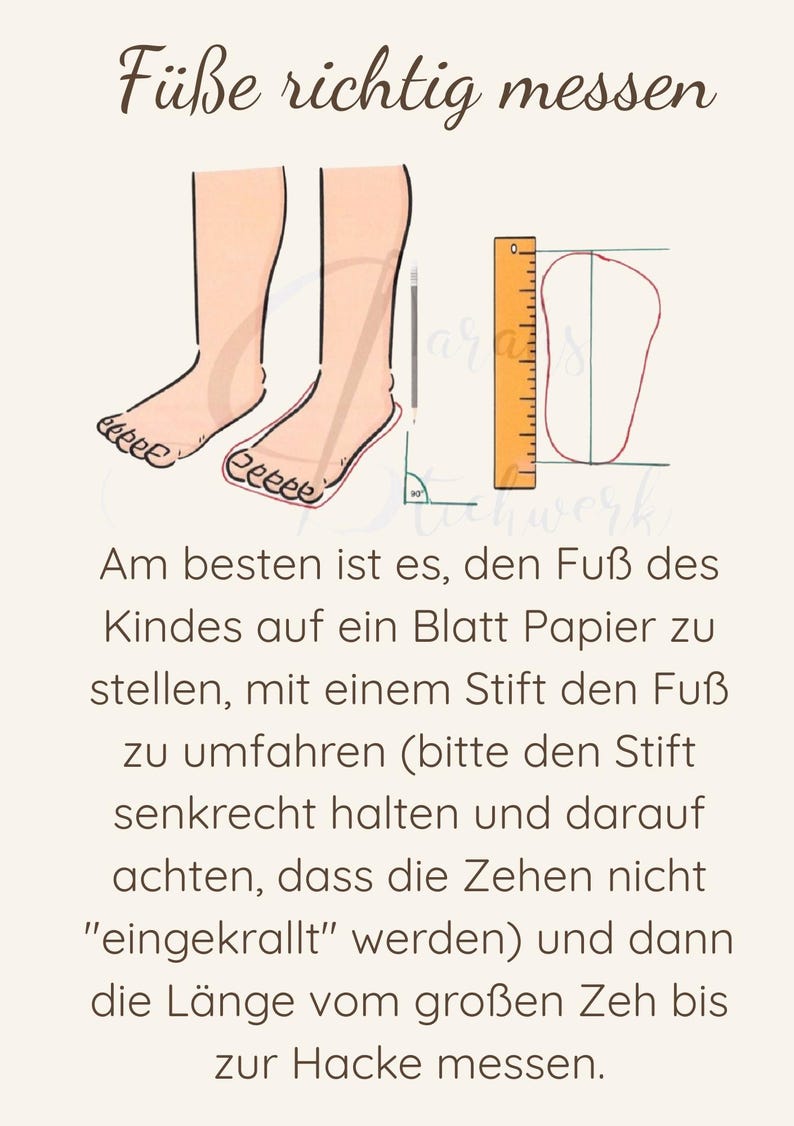 May include: An instructional graphic titled F&uuml;&szlig;e richtig messen showing how to measure feet. It features illustrations of feet being traced with a pencil and a foot outline being measured with a ruler, accompanied by German text instructions.