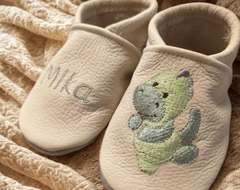 Scarpine da passeggio personalizzate, scarpine per gattonare con nome, ricamate, pantofole in morbida pelle, regalo per neonati, dinosauro, rex, coccodrillo