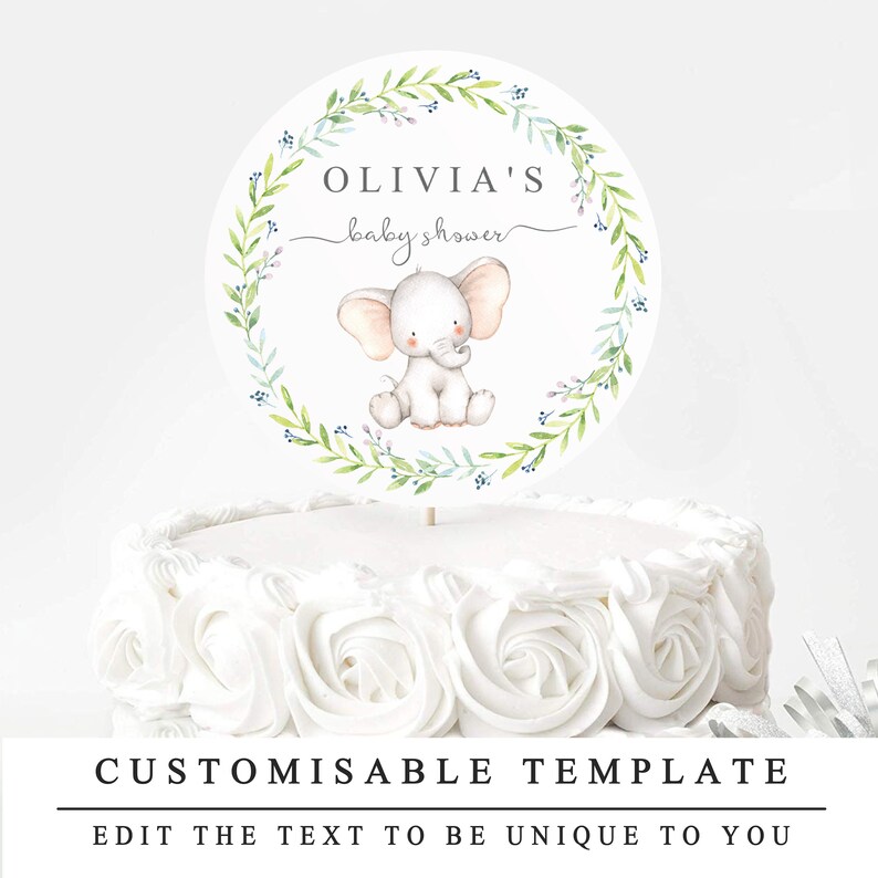Printable Decorations INSTANT DOWNLOAD Editable Elephant Baby Shower Cake Topper Template Gender Neutral Baby Shower Cake Centrepiece