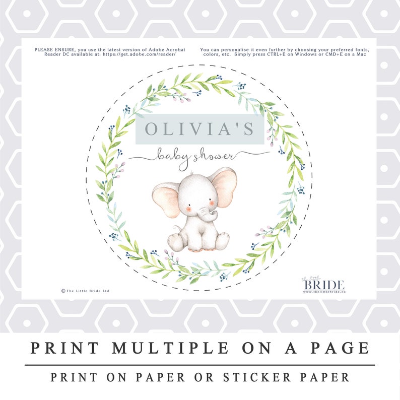 Printable Decorations INSTANT DOWNLOAD Editable Elephant Baby Shower Cake Topper Template Gender Neutral Baby Shower Cake Centrepiece