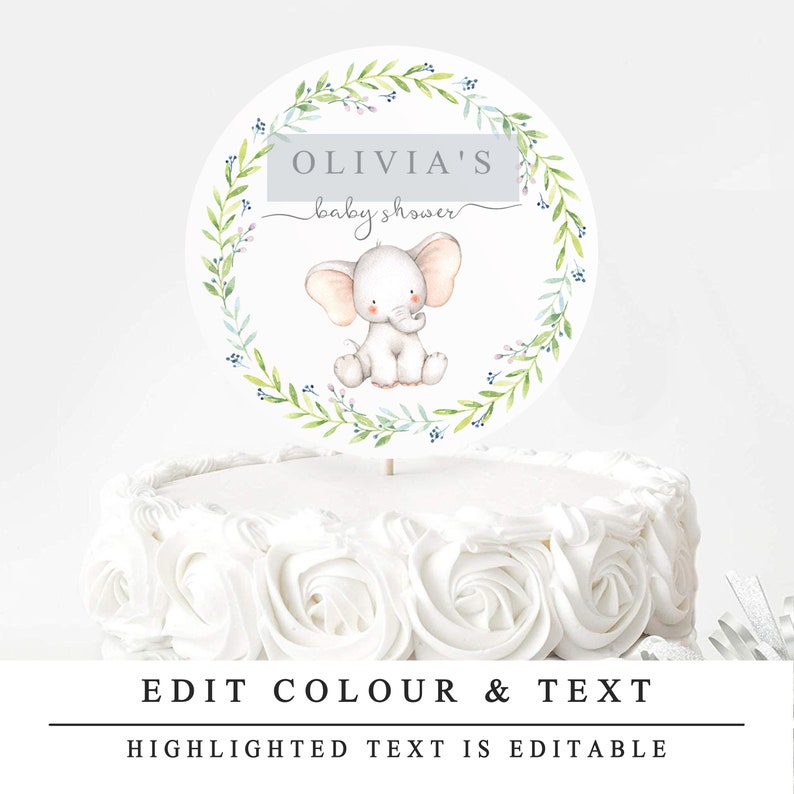 Printable Decorations INSTANT DOWNLOAD Editable Elephant Baby Shower Cake Topper Template Gender Neutral Baby Shower Cake Centrepiece