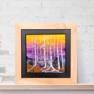 Silver Birches in Autumn : a handmade embroidered and needle felted framed picture