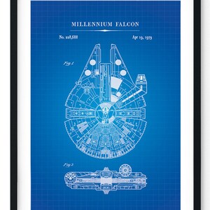 May include: A blue and white blueprint style illustration of the Millennium Falcon spaceship. The image includes the text "MILLENNIUM FALCON", "No. 228,688", "Apr 19, 1979", "Fig. 1", and "Fig. 2".