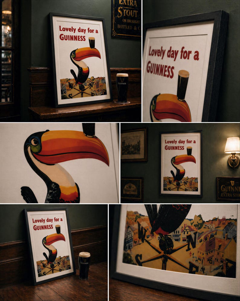May include: Framed vintage Guinness advertisement featuring a toucan with a pint of Guinness. The poster reads "Lovely day for a Guinness" in red text. A pint of Guinness sits next to the framed poster. The background is a dark green wall.
