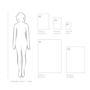 May include: A diagram showing the relative sizes of A1, A2, A3, A4, and A5 paper sizes. Measurements are provided in both inches and centimeters. The model's height is 5ft 7in / 175cm.