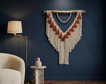 Boho Macrame Wall Hanging, Natural Cotton Cord, Wooden Branch Decor