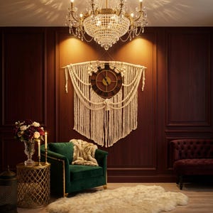 Puede incluir: Un reloj de pared con un marco circular de color marrón oscuro y números romanos negros, integrado en un gran tapiz de macramé de color blanco roto con complejos patrones de nudos y largos flecos colgantes sujetos a una vara de madera.