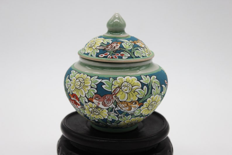 Thai Ceramics Thai Art Vessel Thai motif Hand Painted Celadon